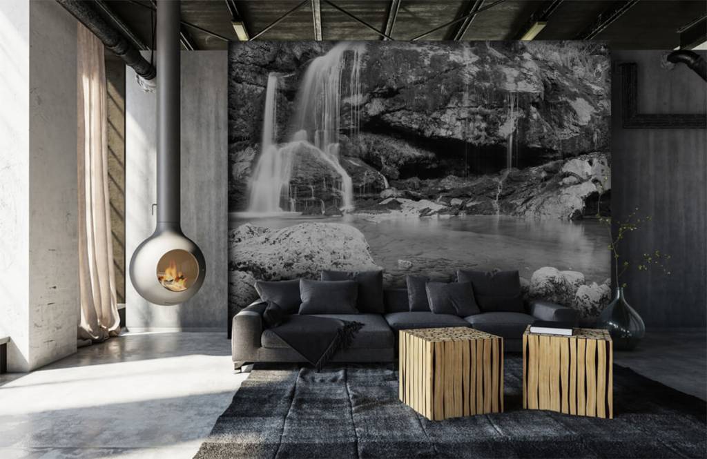 Black and white wallpaper - Waterfall over a stone wall  - Bedroom 7