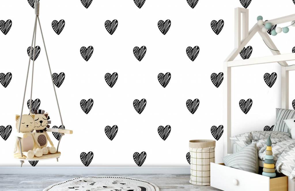 Black and white wallpaper - Black drawn hearts - Children's room 3