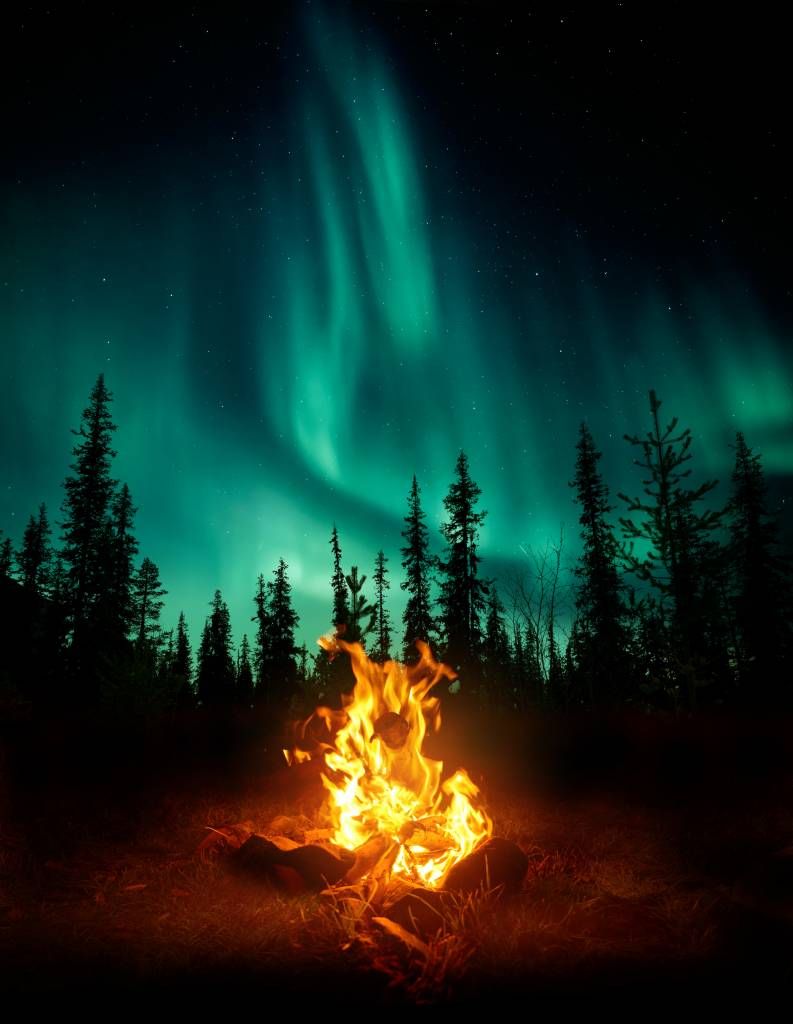 Campfire under the northern lights