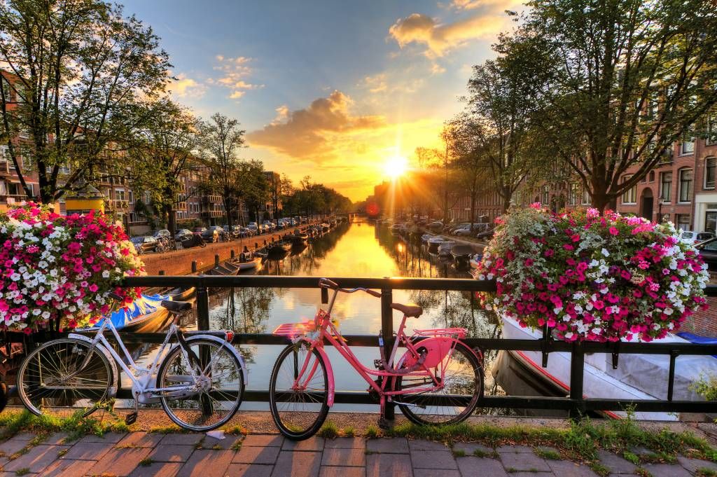 Cycling on a bridge with flowers