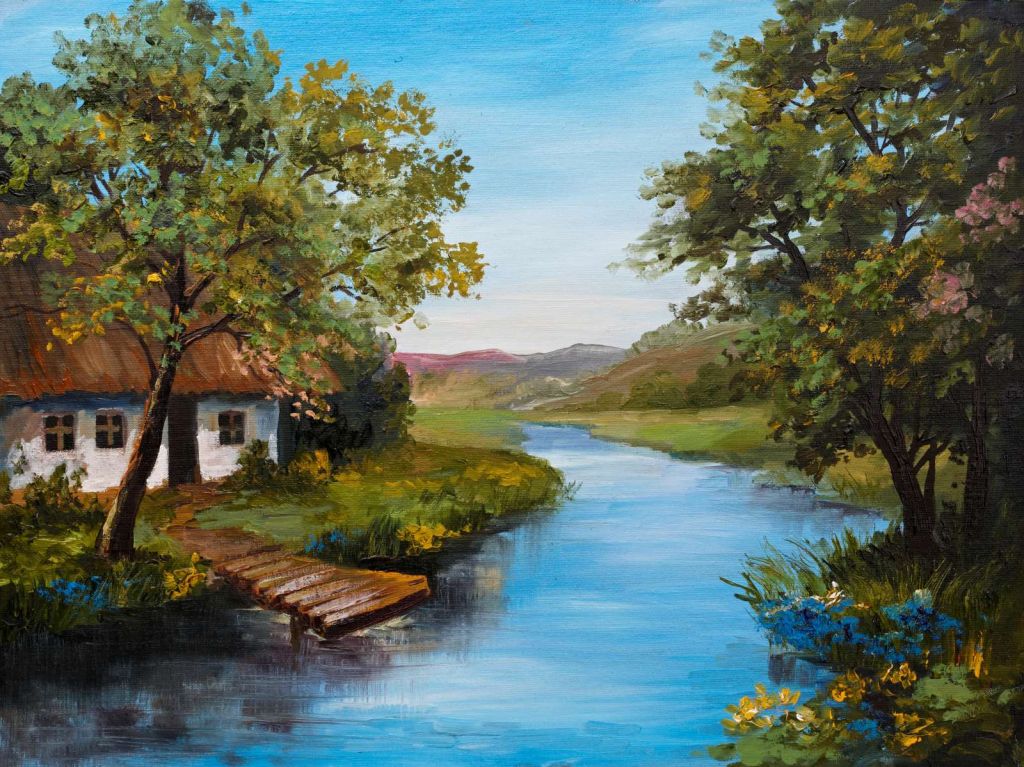 Boerderij met een zomers landschap schilderij