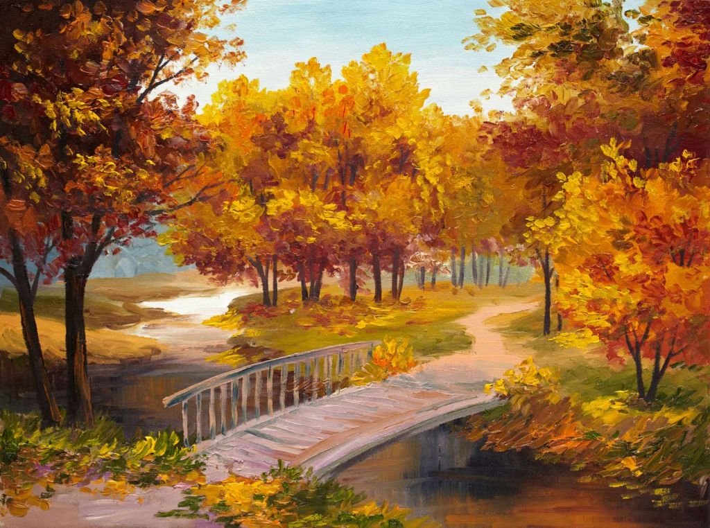 Schilderij van een brug in het bos