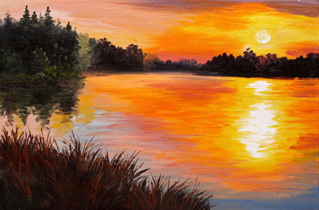 Olieverfschilderij van een meer