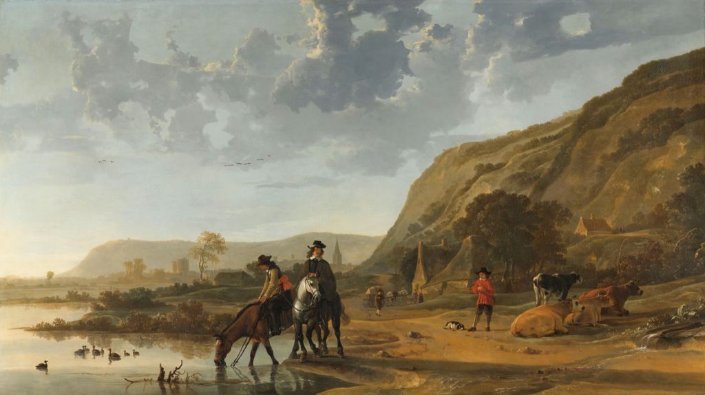 River landscape with horsemen