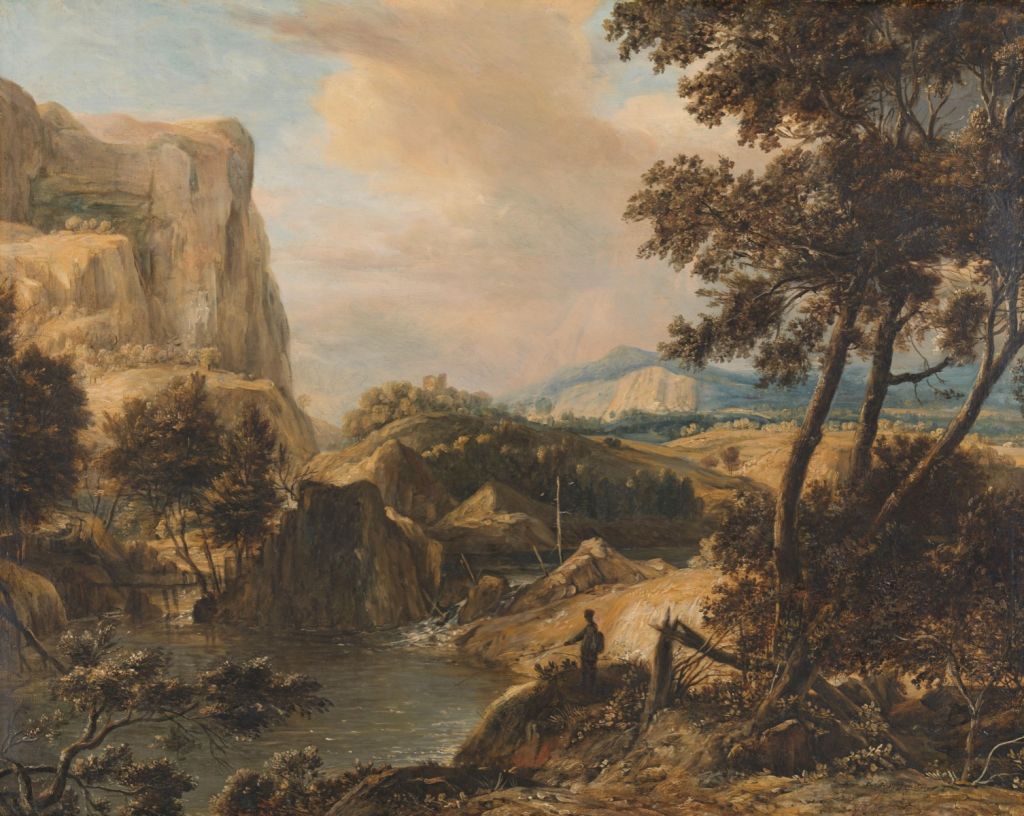 Mountainous landscape with fisherman