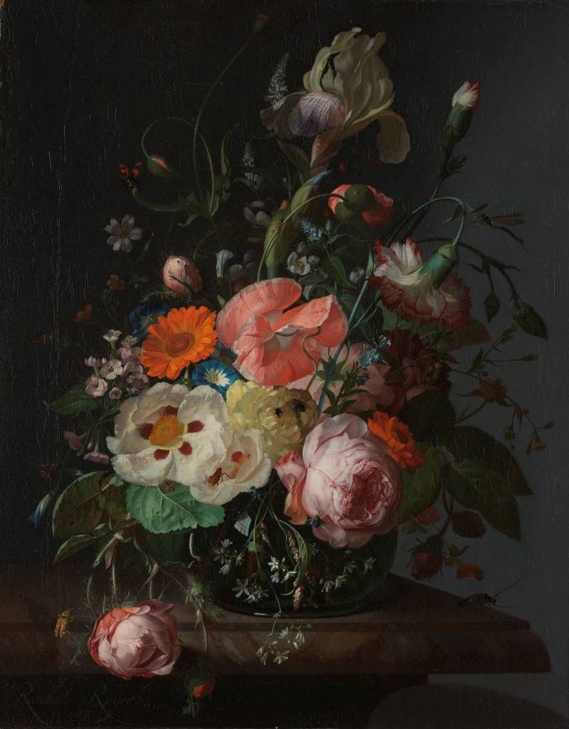 Still life with flowers on a marble tabletop