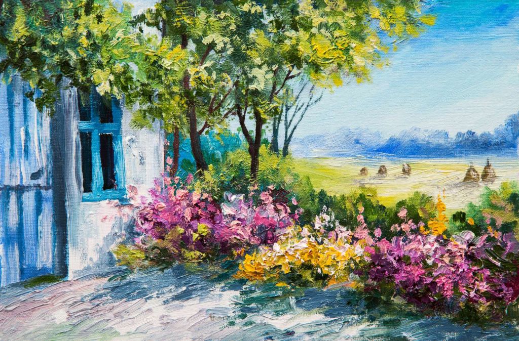 Uitzicht vanaf een tuin schilderij
