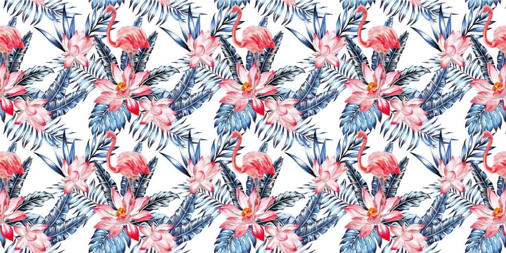 Pink flamingo with blue palm leaf pattern