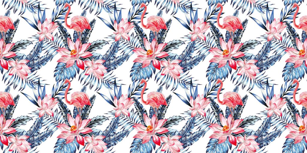 Pink flamingo with blue palm leaf pattern