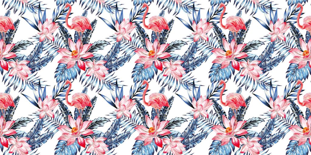 Pink flamingo with blue palm leaf pattern