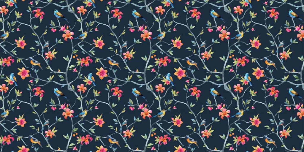 Tropical flowers and birds