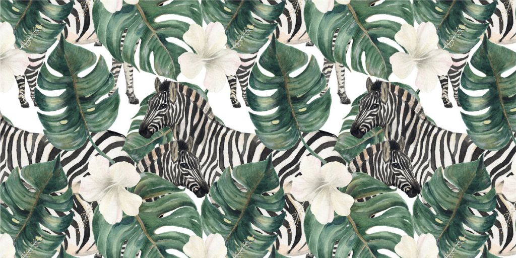 Zebras between the palm leaves