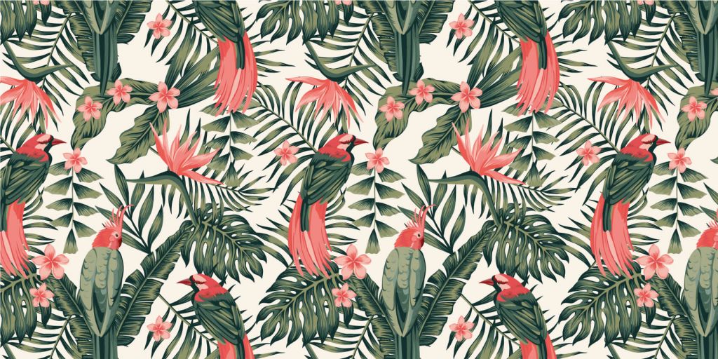 Tropical plants, flowers and birds