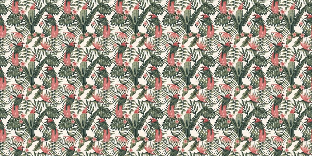 Tropical plants, flowers and birds