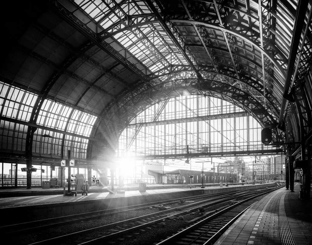 Sunrise on a station in black and white