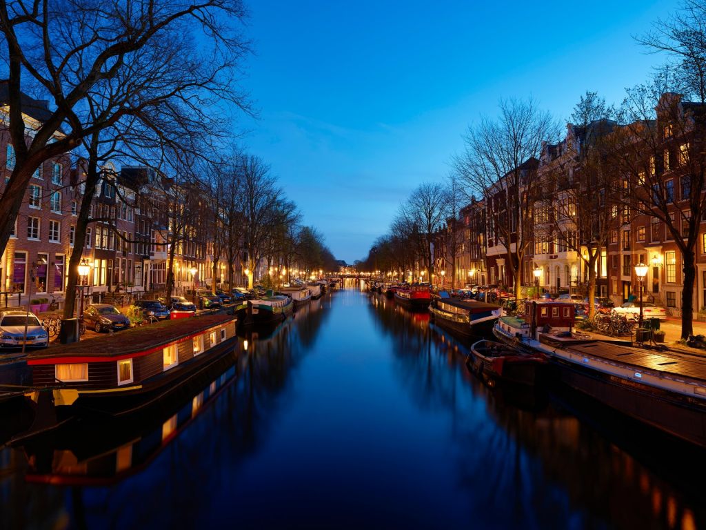 Houseboats along illuminated canal