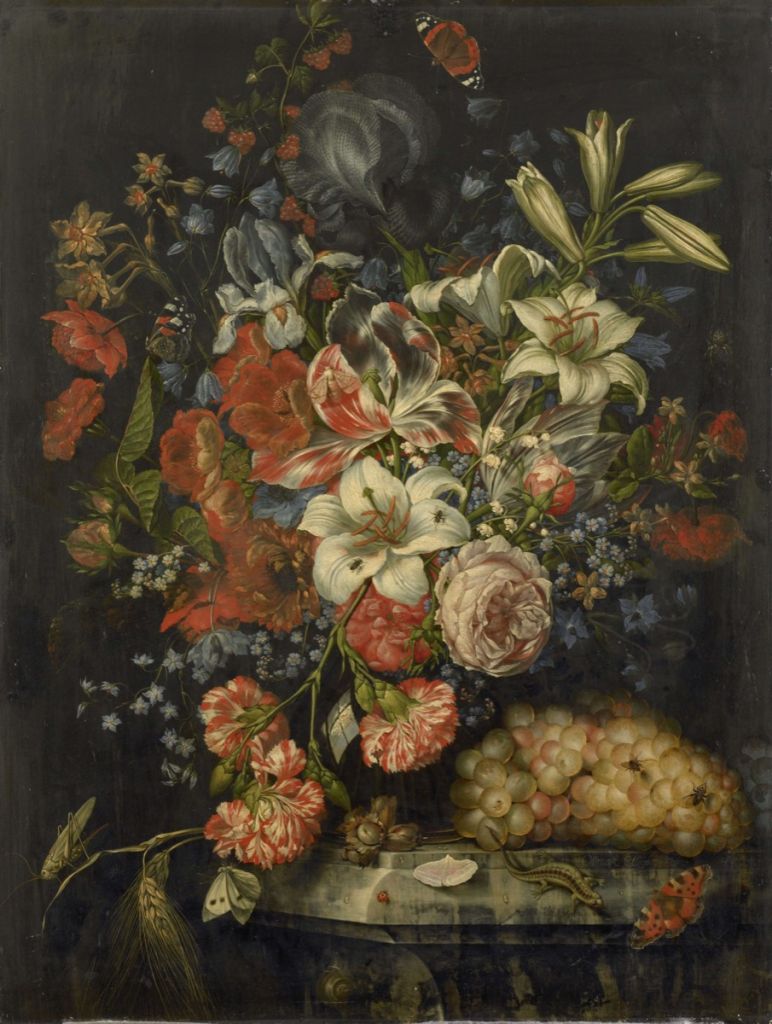 Still life with flowers and fruits