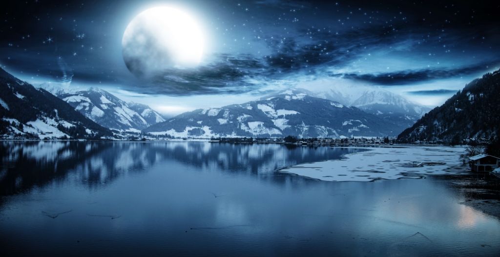 Frozen lake at night