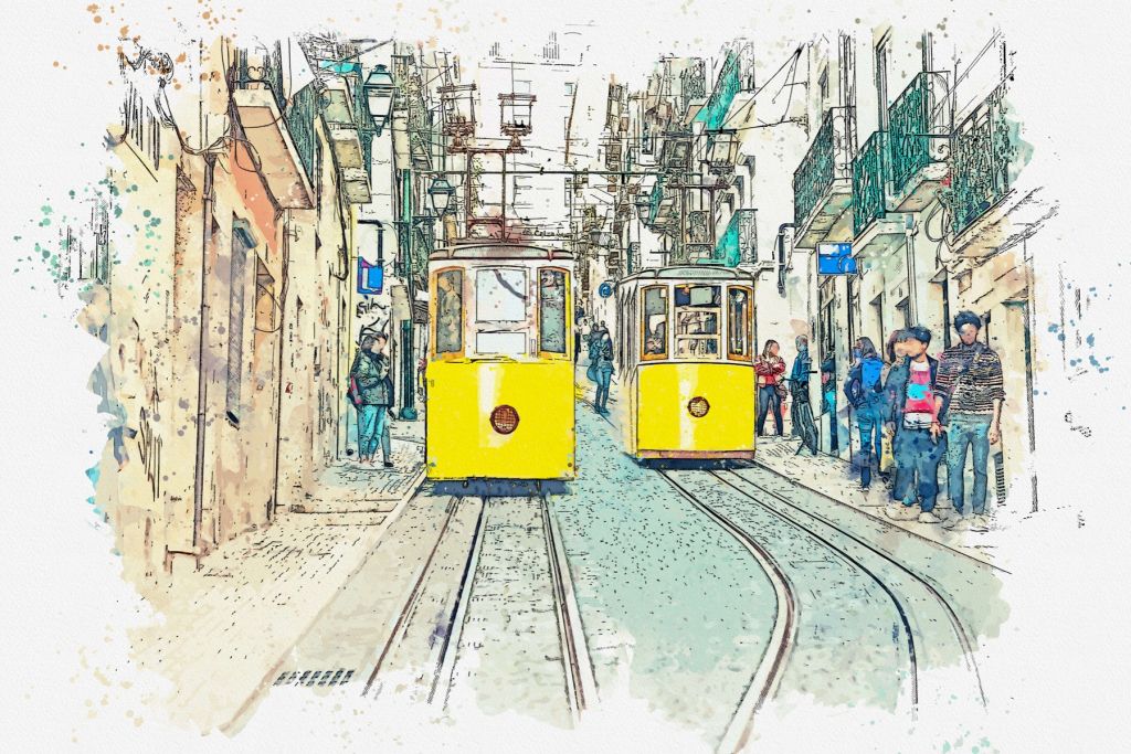 Trams in watercolour