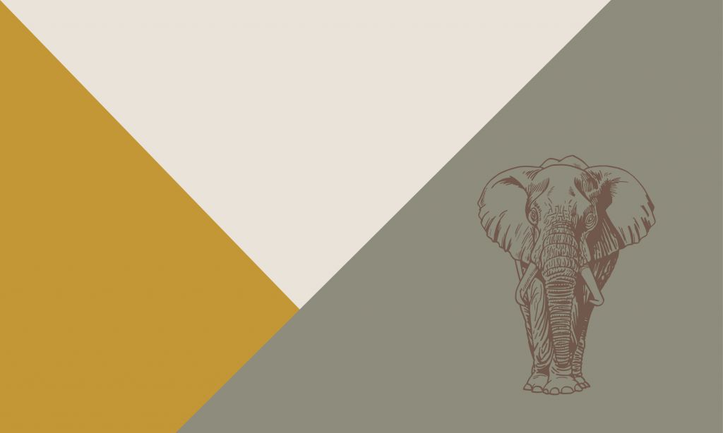 Triangles in ochre yellow and green with elephant