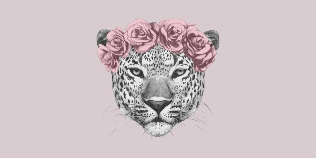 Leopard with pink flowers