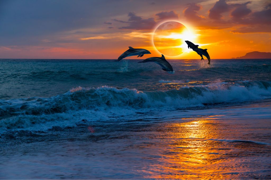 Dolphins with sunset
