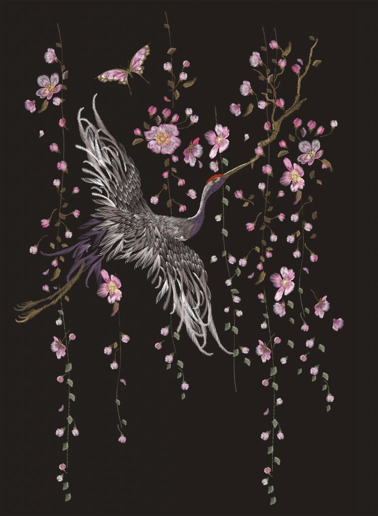 Cranes with pink flowers