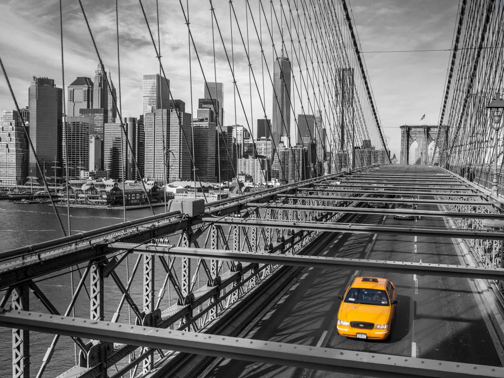 A taxi across the Brooklyn Bridge
