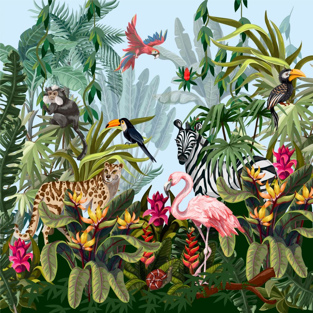 Colourful jungle with animals