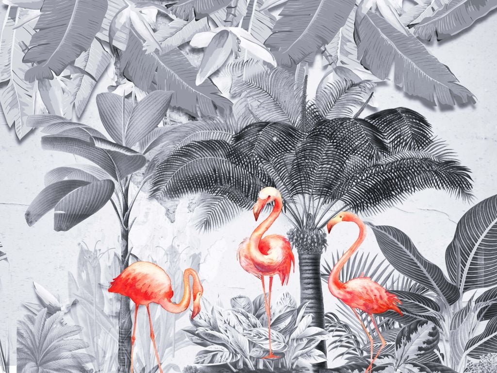 Jungle with flamingos