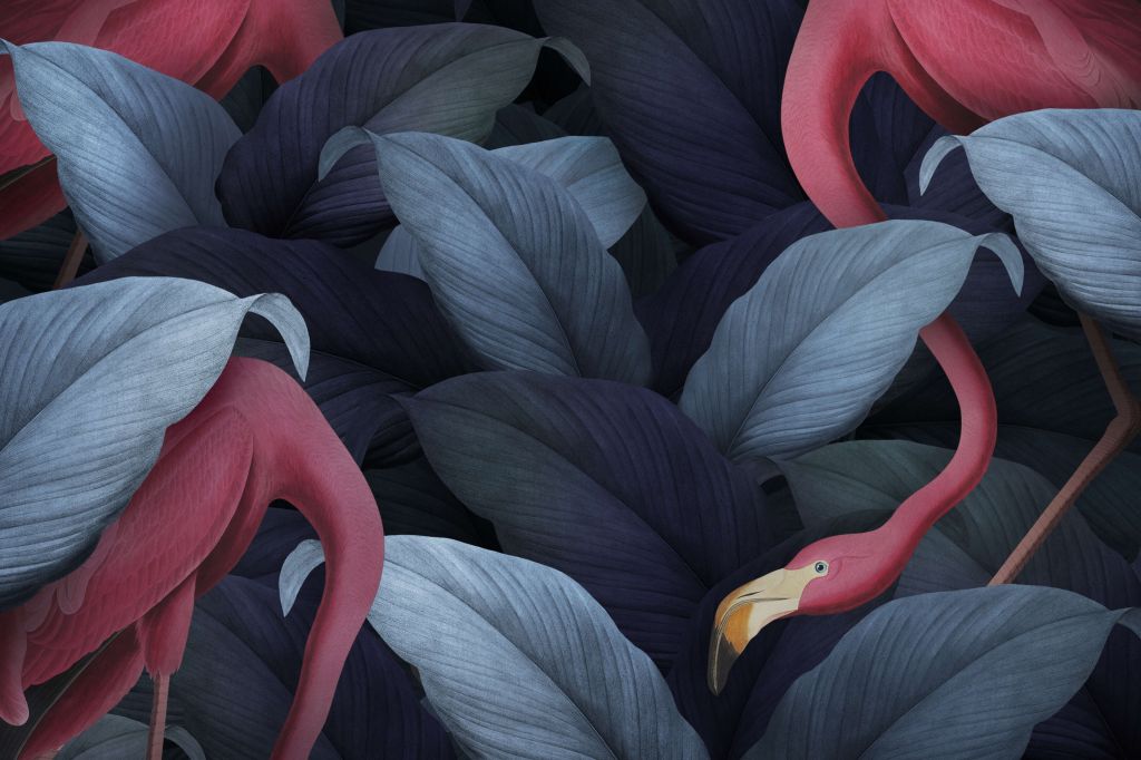 Flamingos with leaves