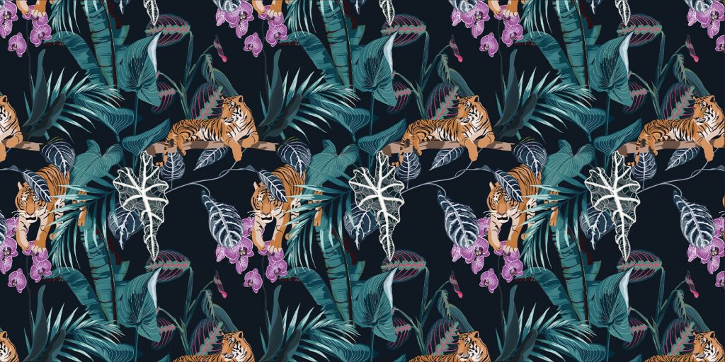 Tigers, leaves and flowers