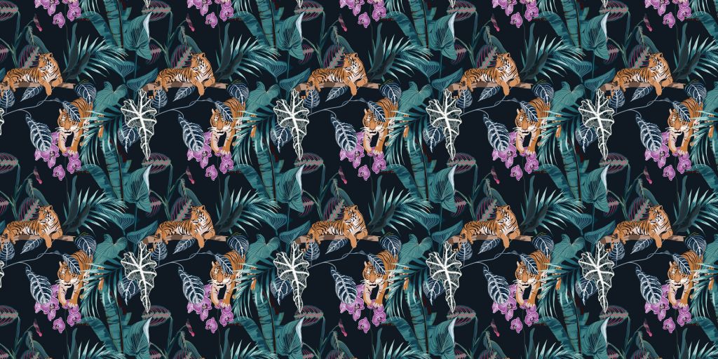Tigers, leaves and flowers
