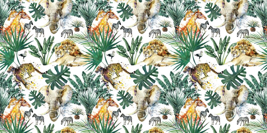 Safari animals and palm trees