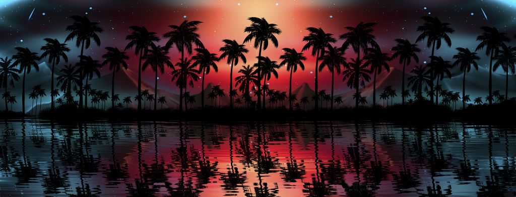 Palm trees in red sky