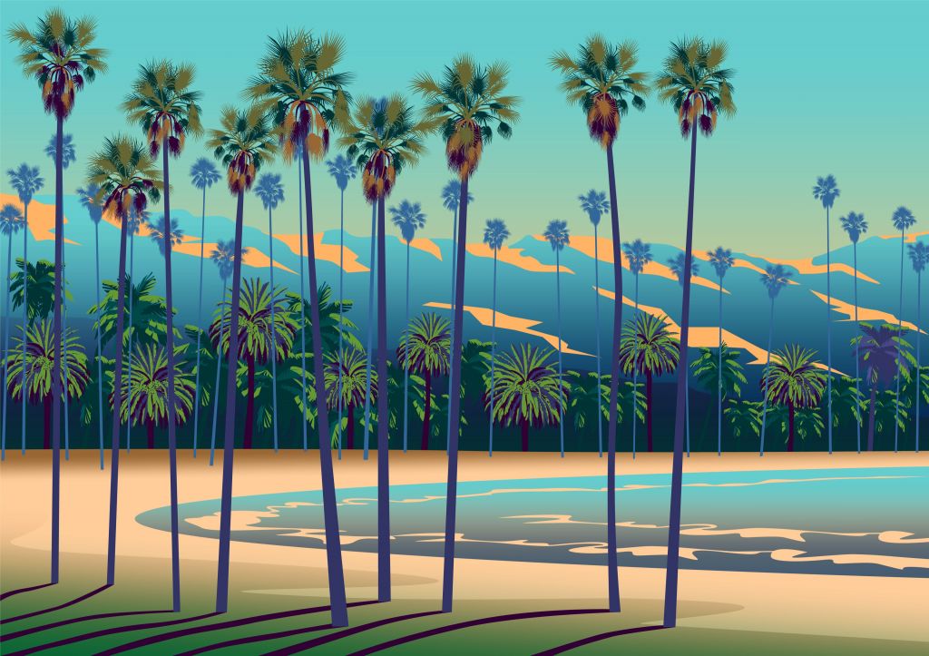 Drawn lake with palm trees