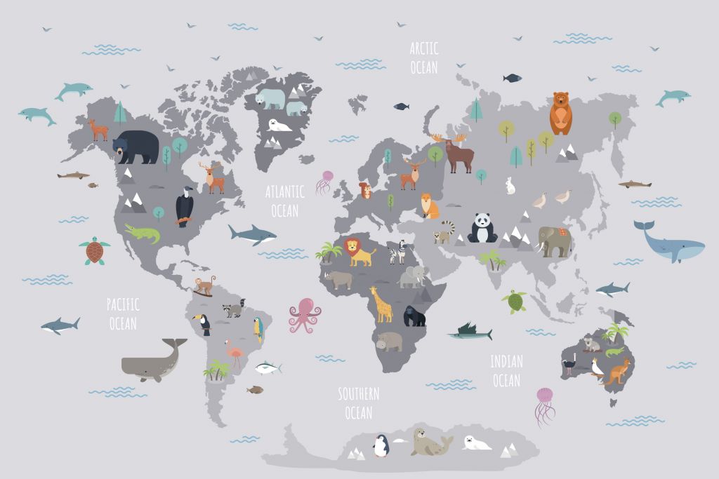 World map with wild animals