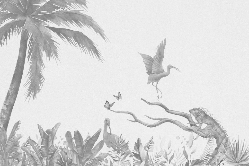 Branch with jungle animals in shades of grey