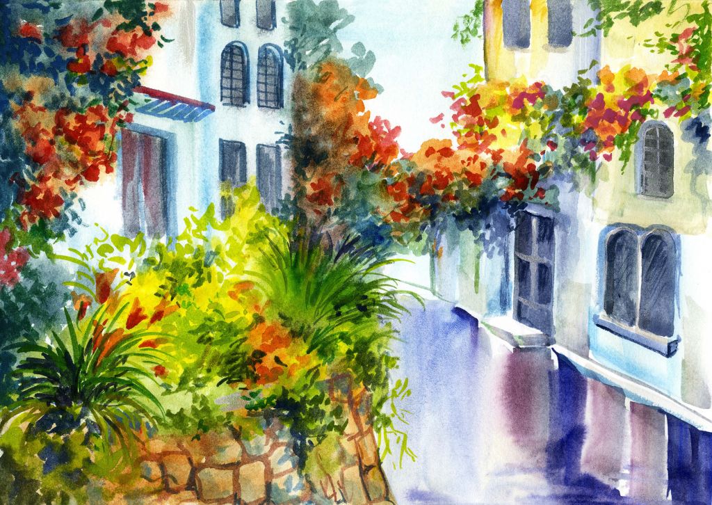 Watercolor flowers and buildings