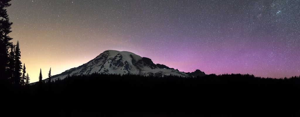 Mount Rainier with northern lights
