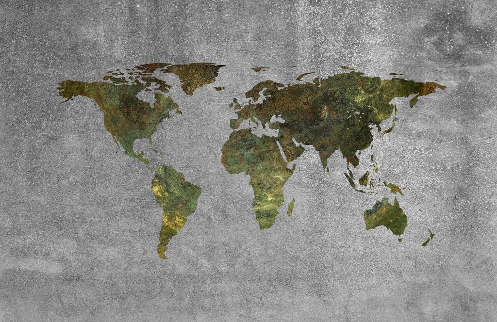 World map with green structure on grey concrete