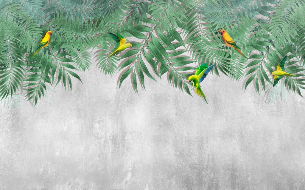 Tropical leaves and parakeets