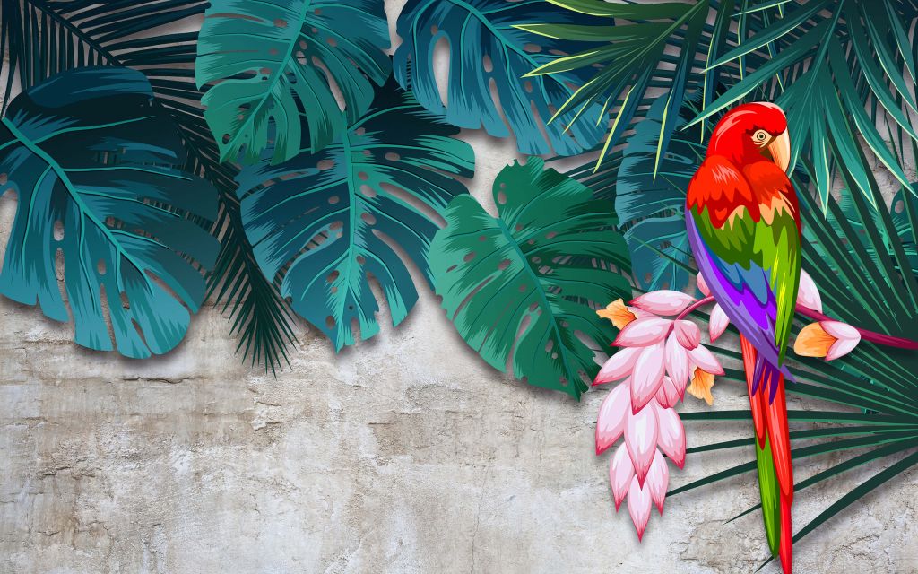 Monstera leaves against a gray concrete wall