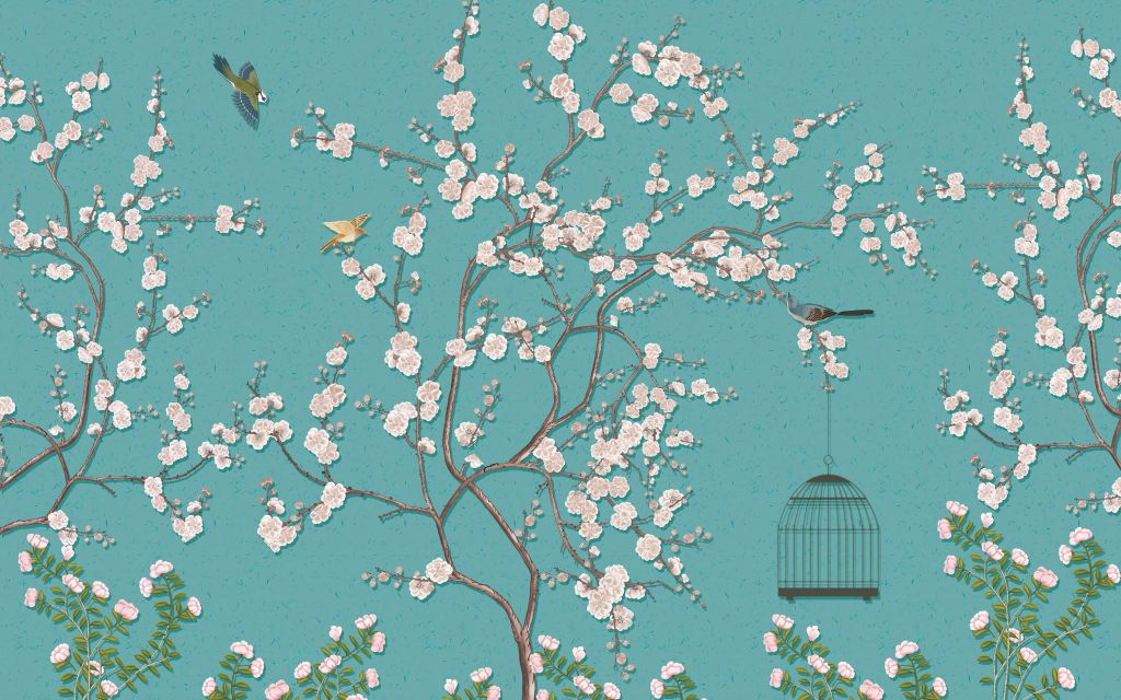 Drawn blossom tree with birds