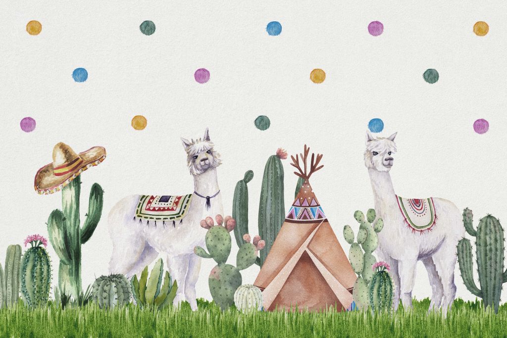 Alpacas between cacti