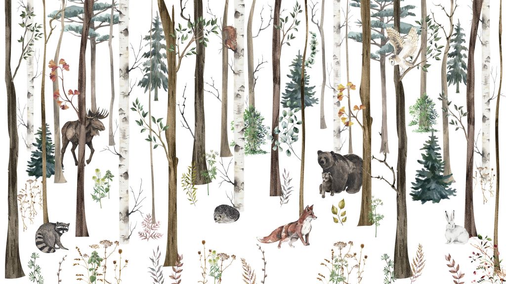 Drawn forest with autumn animals