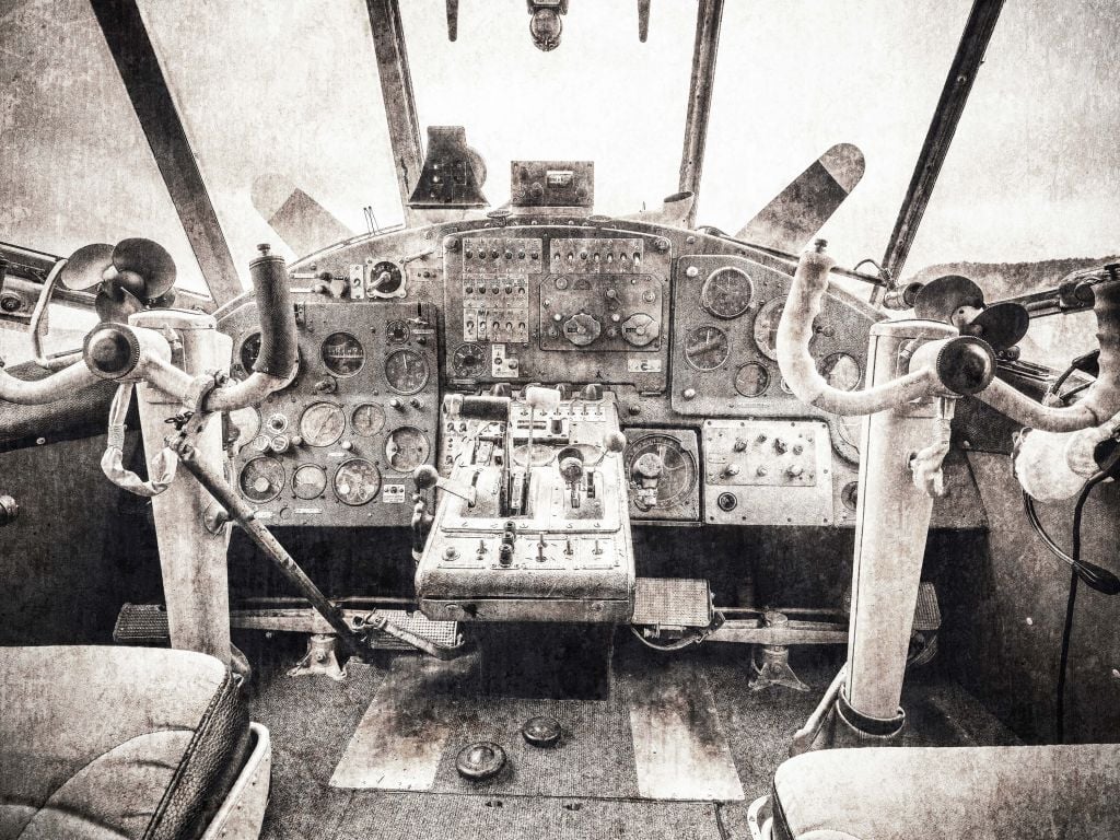 Aeroplane cockpit in sepia