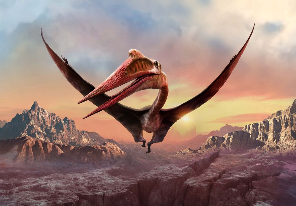 Quetzalcoatlus flying over mountains