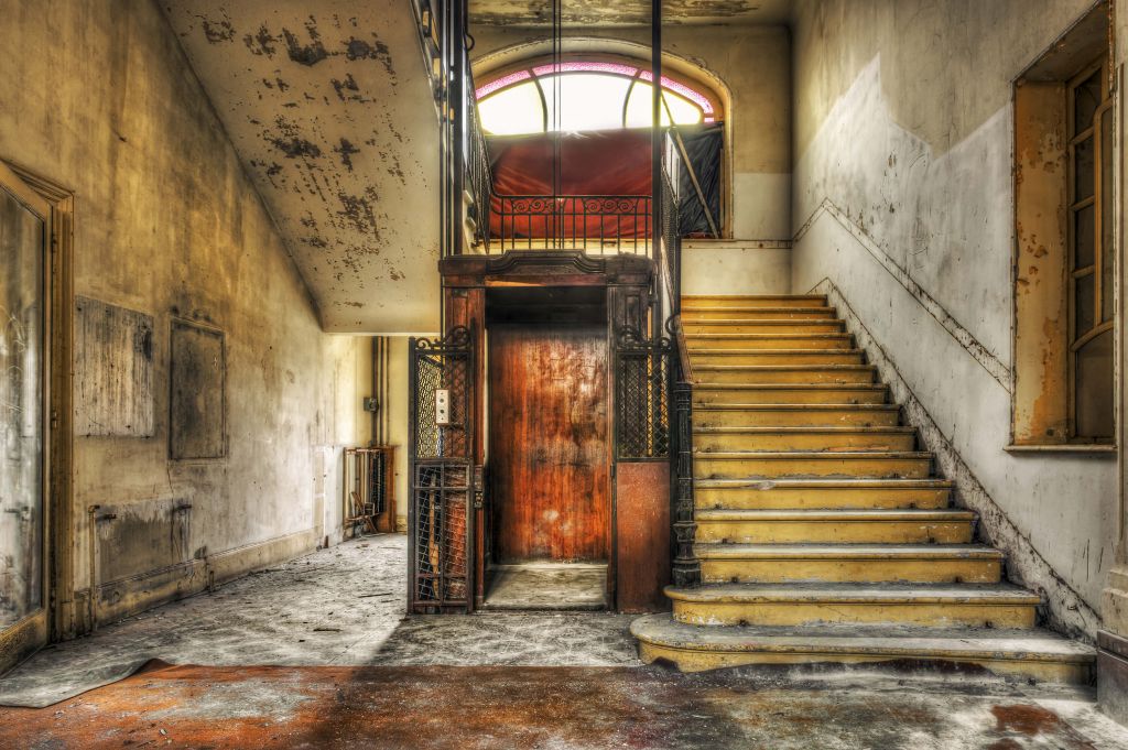 Abandoned hotel lobby