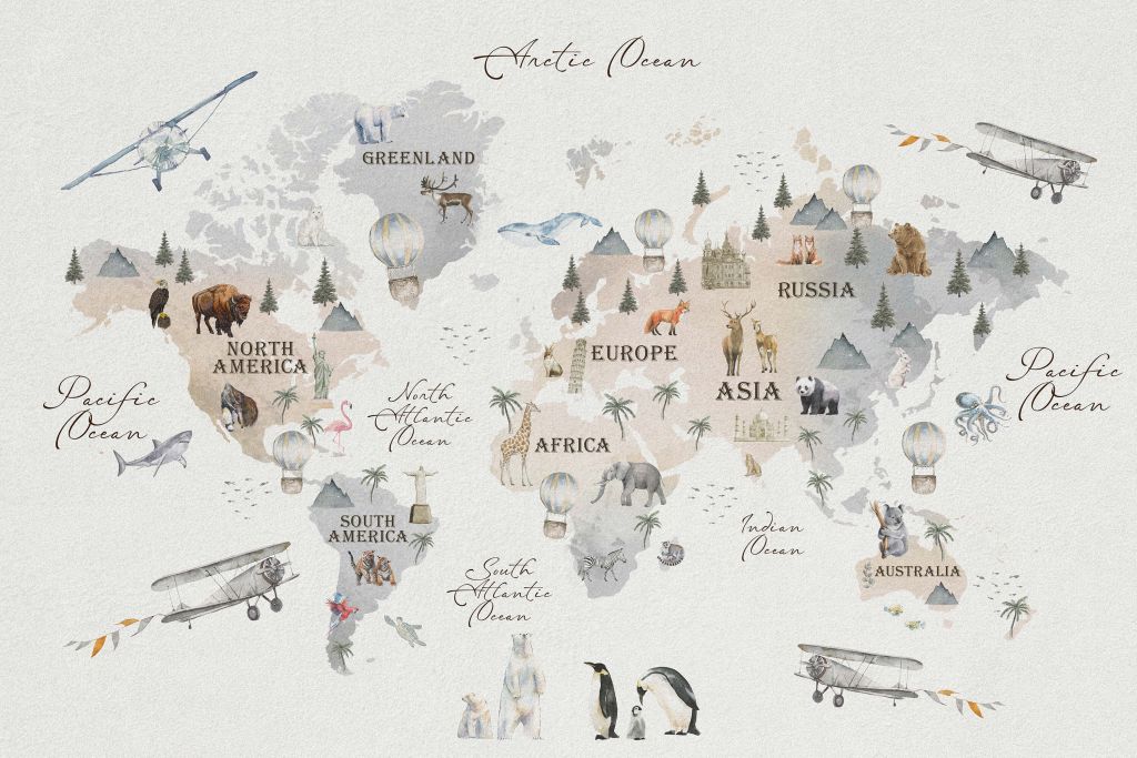 World map with different animals